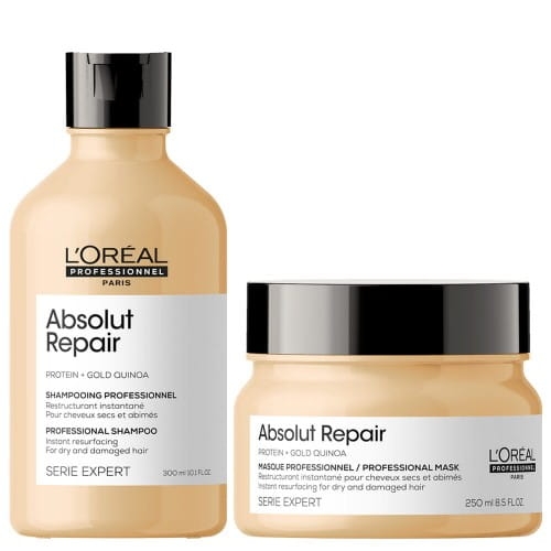 Odbudowujący zestaw do włosów zniszczonych , szampon i maska L'Oréal Absolut Repair Gold 