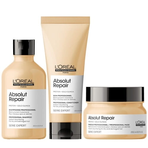 Odbudowujący zestaw do włosów zniszczonych | szampon 300ml, odżywka 200ml, maska klasyczna 250ml L'Oréal Absolut Repair Gold 