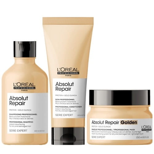 Odbudowujący zestaw do włosów zniszczonych | szampon 300ml, odżywka 200ml, złota maska 250ml L'Oréal Absolut Repair Gold 