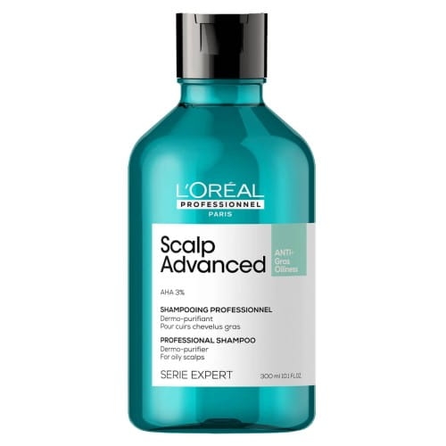 L'Oréal Professionnel Scalp Advanced Anti-Oiliness szampon 300 ml w turkusowej butelce z czarną nakrętką, widok z przodu.
