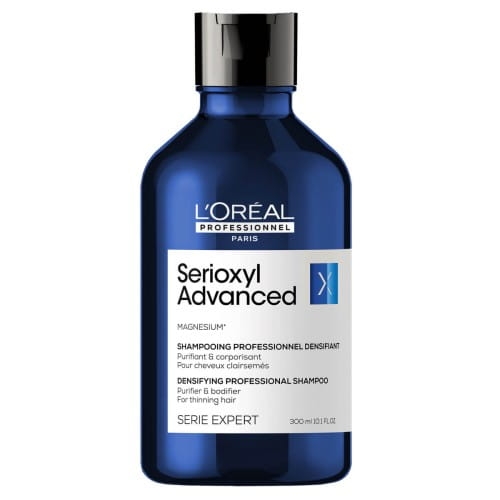 L’Oréal Professionnel Serioxyl Advanced Szampon zagęszczający włosy 300 ml – granatowa butelka z czarną zakrętką.