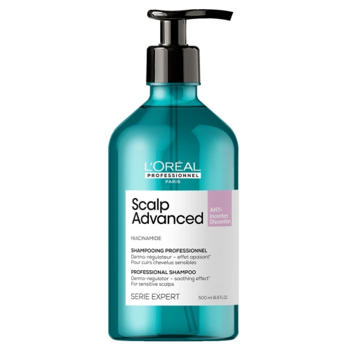 L’Oréal Professionnel Scalp Advanced Anti-Discomfort Szampon kojący 500 ml z pompką, turkusowa butelka z czarnym dozownikiem.