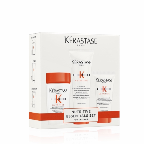 Zestaw Discovery Nutritive dla suchych włosów, zawierający szampon, mleczko odżywcze i nektar termiczny wyeksponowane przed ekologicznym pudełkiem, idealny na prezent.