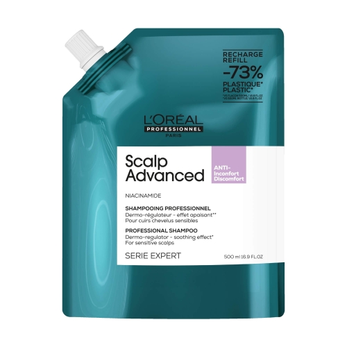 L’Oréal Professionnel Scalp Advanced Anti-Discomfort Szampon kojący 500 ml Refill w turkusowym opakowaniu uzupełniającym.