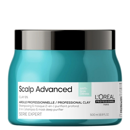 L’Oréal Professionnel Scalp Advanced Anti-Oiliness Maska oczyszczająca z glinką 2w1 500 ml w turkusowym słoiku z czarną pokrywką.