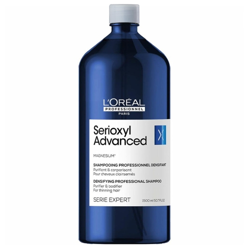 Butelka szamponu L'Oréal Professionnel Serioxyl Advanced 1500 ml w granatowym kolorze.