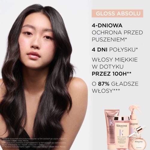 Kobieta o lśniących, zdrowych włosach, obok której znajdują się produkty z gamy Kérastase Gloss Absolu – szampon, odżywka, spray i olejek.