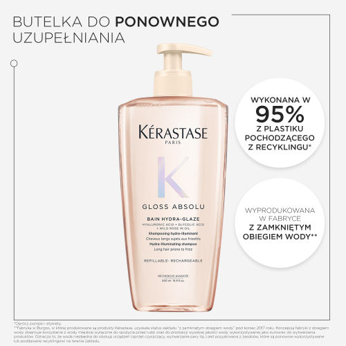 Butelka Hydra-Glaze z pompką; grafika opisuje ponowne uzupełnianie, 95% plastiku pochodzącego z recyklingu i fabrykę z zamkniętym obiegiem wody.