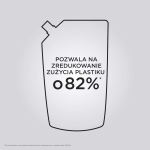 Kontur opakowania refill z napisem o 82% redukcji zużycia plastiku w porównaniu do standardowych butelek