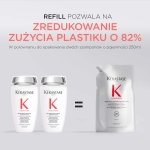 Porównanie dwóch butelek Kérastase Première 250 ml i jednego wkładu uzupełniającego z napisem o 82% redukcji plastiku