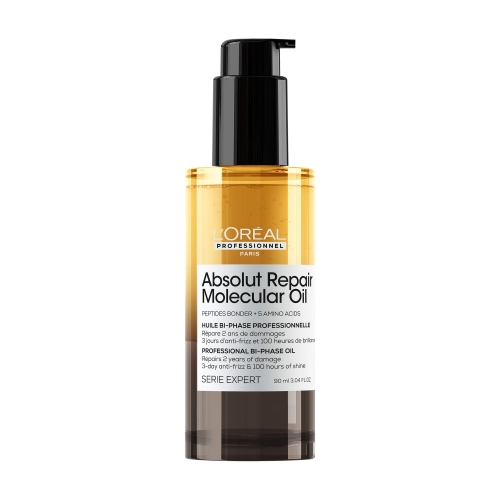 L'Oréal Professionnel Absolut Repair Molecular Dwufazowy Olejek 90 ml w przezroczystej butelce z pompką.