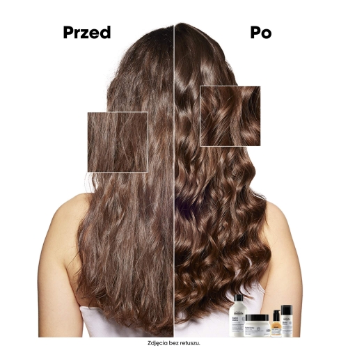 Efekt przed i po użyciu szamponu Metal Detox – włosy falowane, gładsze i bardziej lśniące.