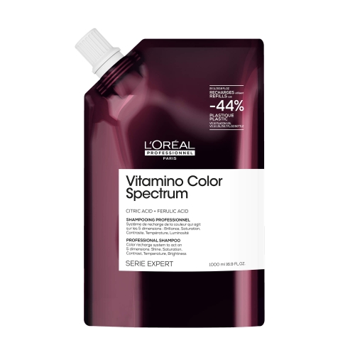Szampon L'Oréal Vitamino Color Spectrum Refill 1000 ml w bordowym opakowaniu uzupełniającym.