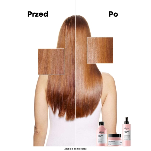 Efekt przed i po użyciu szamponu L'Oréal Vitamino Color na włosach prostych – porównanie połysku i koloru.