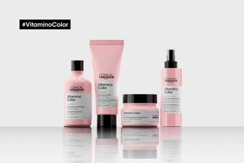 Linia produktów L'Oréal Vitamino Color – szampon, odżywka, maska i spray.