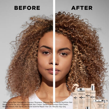 Efekt przed i po użyciu Kérastase Curl Manifesto Crème de Jour – loki bardziej zdefiniowane i gładkie