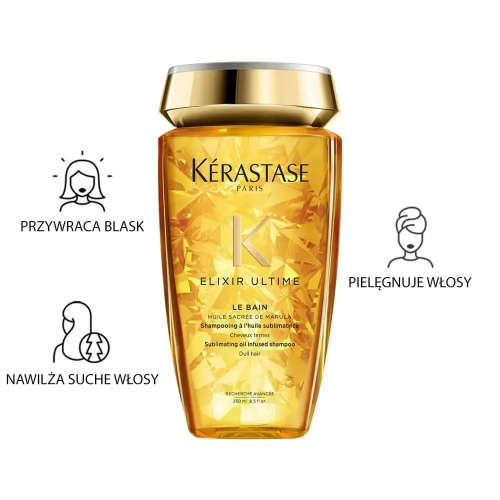 Kérastase Elixir Ultime Le Bain 250 ml – przednia etykieta, ikony: przywraca blask, nawilża, pielęgnuje