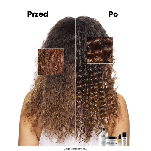 Efekt przed i po użyciu szamponu Metal Detox – włosy kręcone