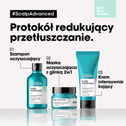 Zestaw Scalp Advanced przeciw przetłuszczaniu: szampon, maska z glinką 2w1 i krem intensywnie kojący.