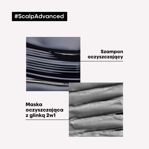 Zbliżenia konsystencji szamponu oczyszczającego i maski z glinką 2w1 L’Oréal Scalp Advanced.