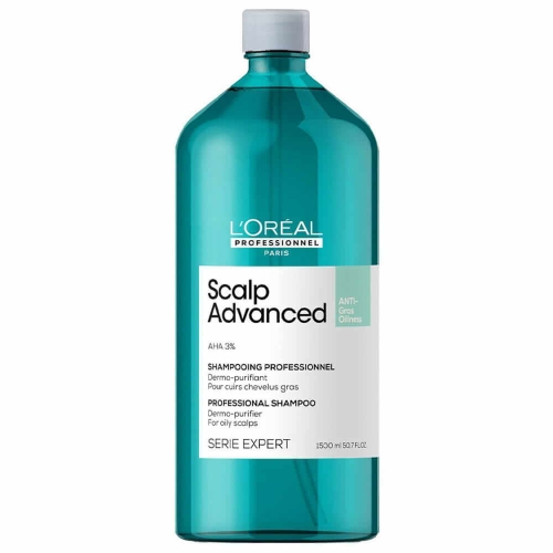 L’Oréal Scalp Advanced Anti-Oiliness szampon oczyszczający 1500 ml w turkusowej butelce z szarą nakrętką.