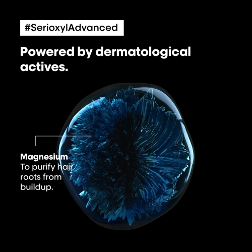 Cząsteczka magnezu w ujęciu makro na czarnym tle z napisem „Magnesium – to purify hair roots from buildup”.