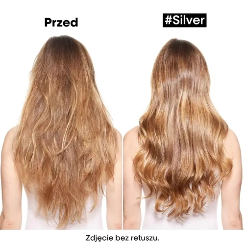 Efekt przed i po użyciu L’Oréal Professionnel Silver Szampon – włosy jaśniejsze, gładkie i chłodne w odcieniu.