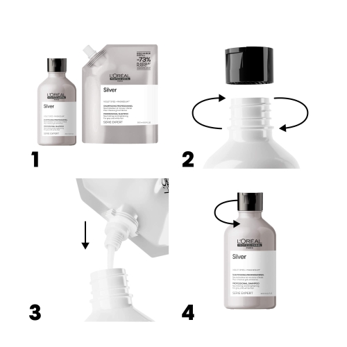 Zbliżenie podczas przelewania szamponu L’Oréal Silver z opakowania Refill do butelki.