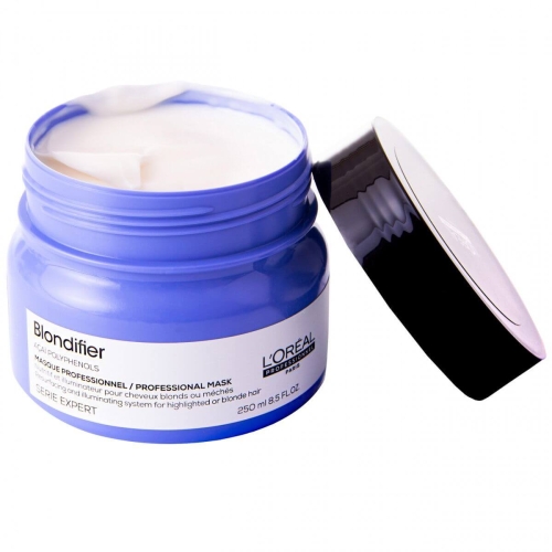 L’Oréal Blondifier Maska 250 ml – fioletowy słoiczek z czarnym wieczkiem, widok frontalny
