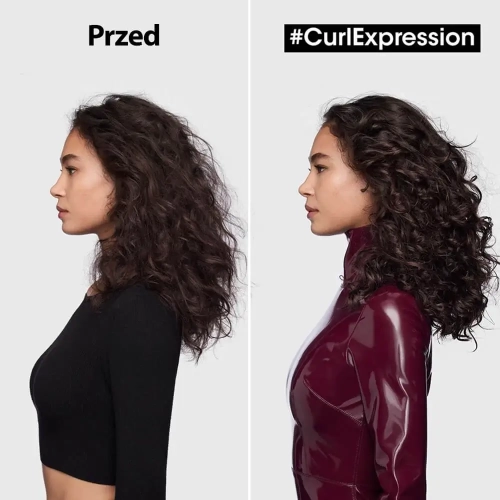 Efekt przed i po użyciu L'Oréal Curl Expression na włosach kręconych.