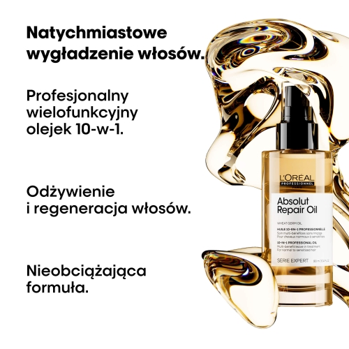 L'Oréal Absolut Repair Olejek odbudowujący 90 ml – wizualizacja z płynnym złotym motywem