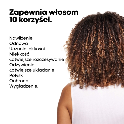 Tył głowy kobiety z ciemnymi, kręconymi włosami – grafika informacyjna o 10 korzyściach olejku Absolut Repair.