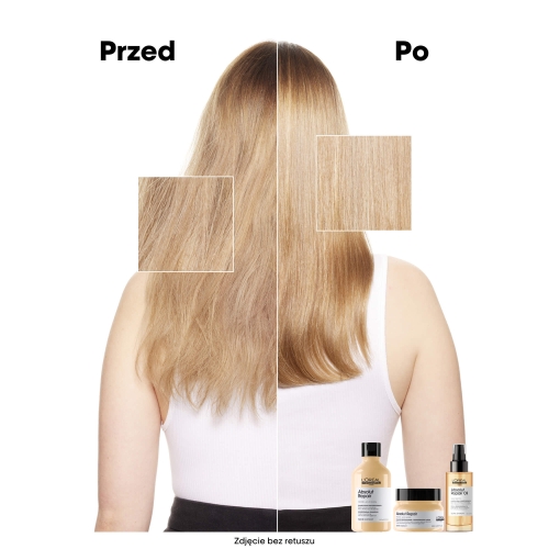 Porównanie efektów "Przed" i "Po" użyciu olejku Absolut Repair na jasnych włosach.