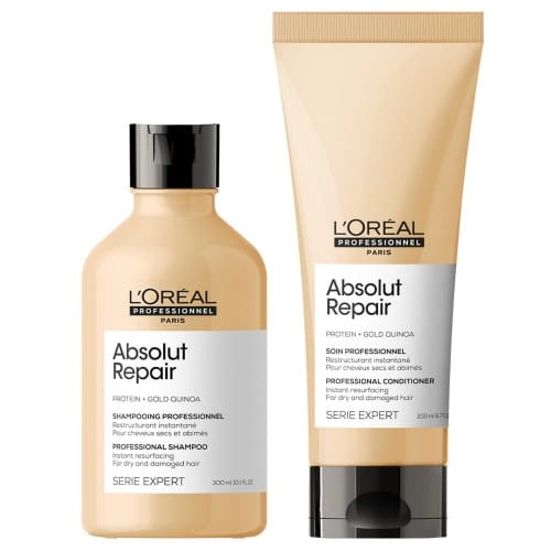 Zestaw LOréal Professionnel Absolut Repair: szampon w butelce i odżywka w tubie w kolorze złoto-beżowym