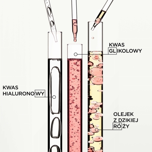 Składniki aktywne Kérastase Gloss Absolu – kwas hialuronowy, kwas glikolowy i olejek z dzikiej róży dla nawilżenia i blasku.