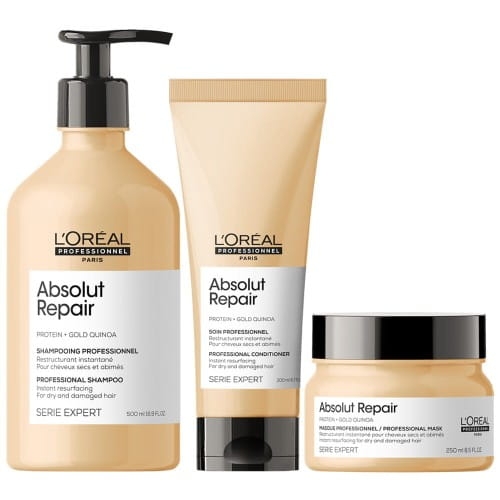 L’Oréal Professionnel Absolut Repair Gold zestaw do włosów zniszczonych – szampon 500 ml, odżywka 200 ml i maska 250 ml w złotych opakowaniach
