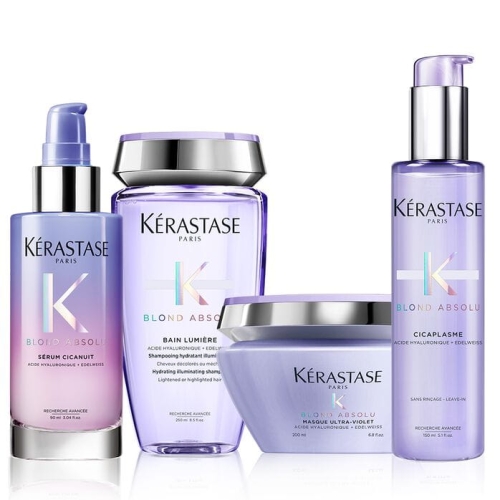 Zestaw Kérastase Blond Absolu – szampon, maska, serum nocne i krem termoochronny w fioletowych opakowaniach