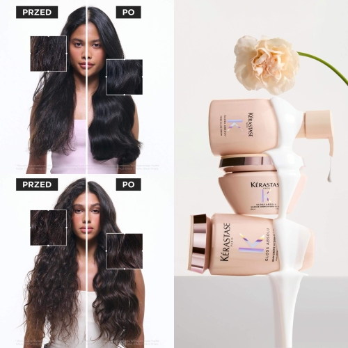 Efekt przed i po – wygładzenie i redukcja puszenia włosów po zastosowaniu Kérastase Gloss Absolu Frizz-Glaze Cream