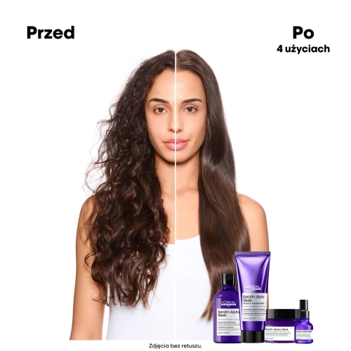 Efekt wygładzenia włosów przed i po 4 użyciach kuracji Keratin Alpha Sleek