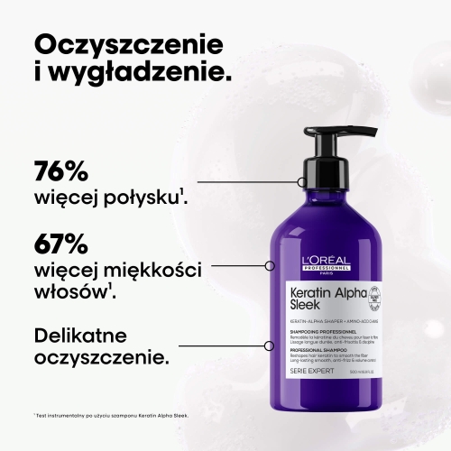 Keratin Alpha Sleek szampon 500 ml 76% więcej połysku 67% więcej miękkości