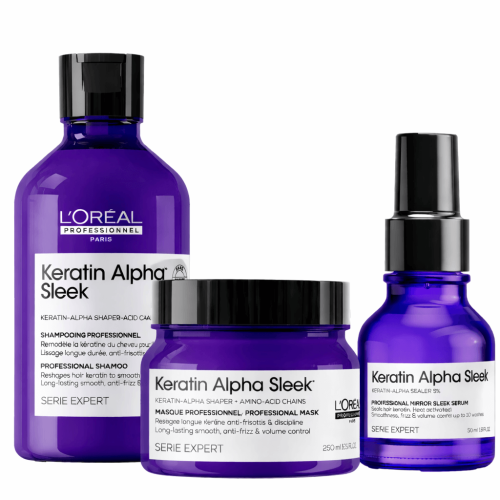 Zestaw Keratin Alpha Sleek: szampon, maska i serum w fioletowych opakowaniach