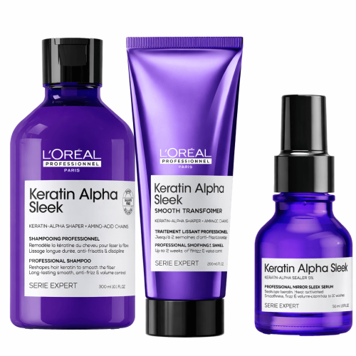 Zestaw Keratin Alpha Sleek - fioletowy szampon, krem wygładzający w tubie i serum z pompką