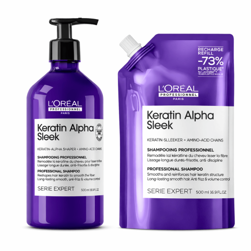 L’Oréal Keratin Alpha Sleek szampon 500 ml z pompką i refill 500 ml fioletowe opakowania
