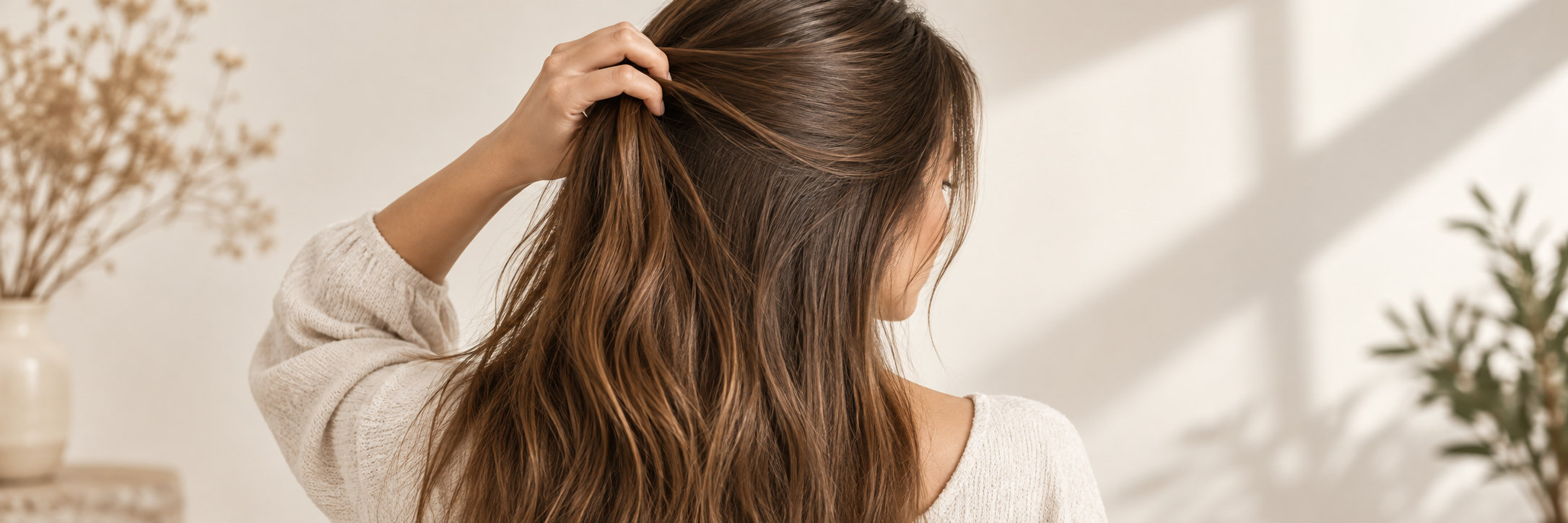 Kobieta rozdziela dłonią pasmo brązowych włosów przy nasadzie — ilustracja poradnika o pielęgnacji skóry głowy i długości.